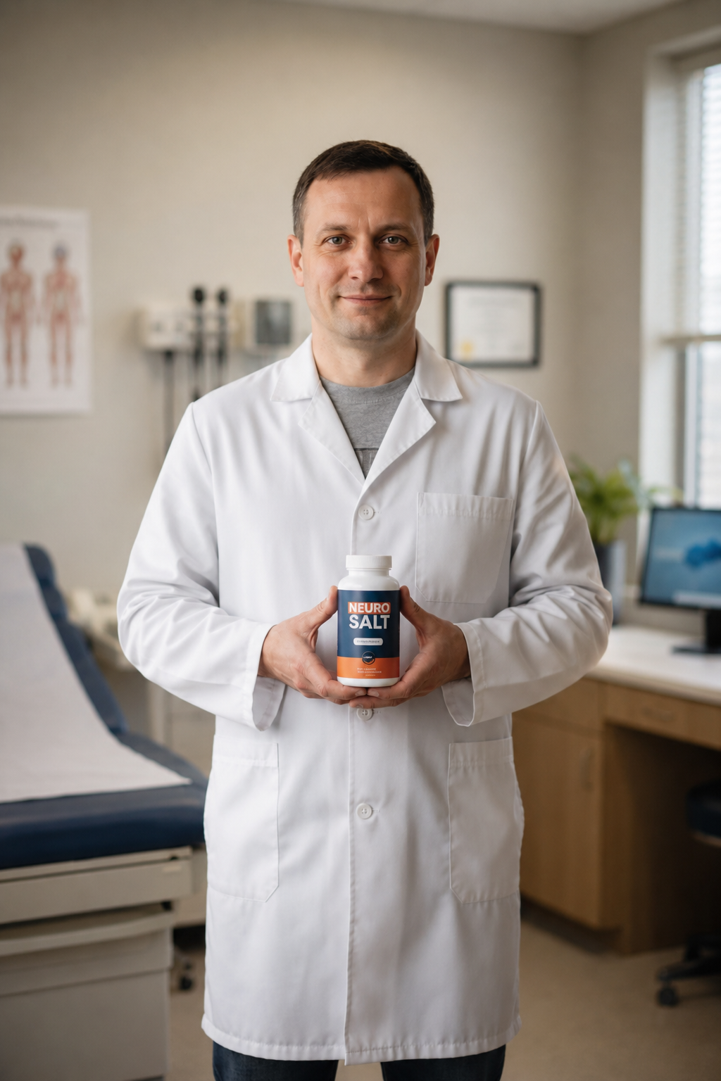 Doctor presenting NeuroSalt® bottle