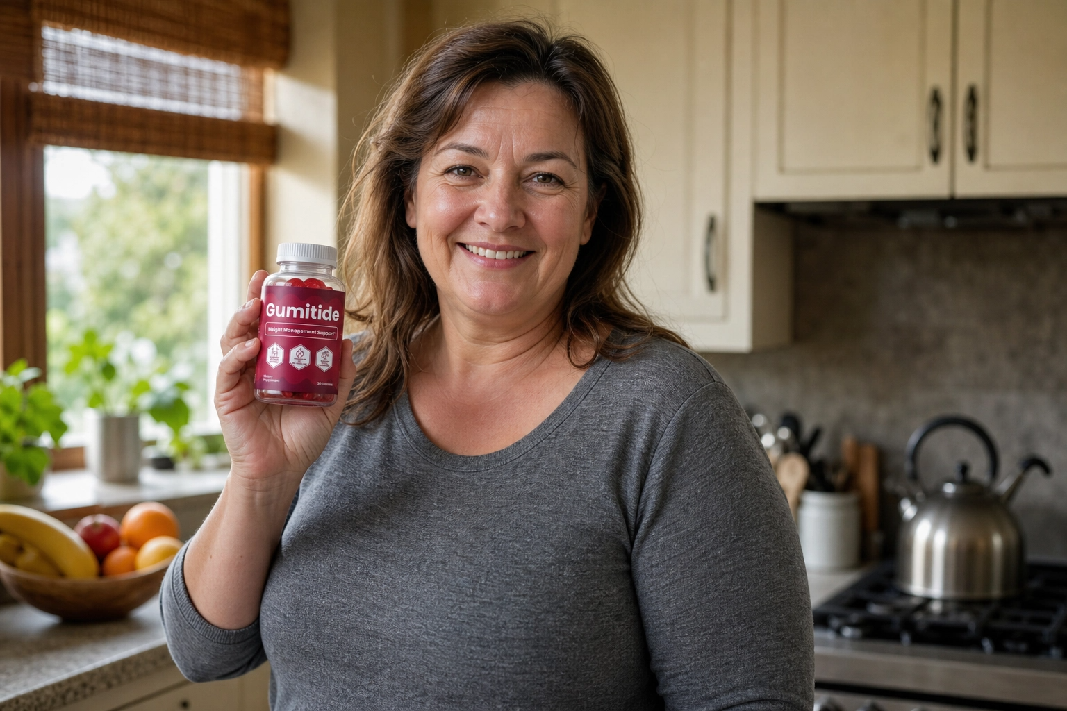 Woman in a bright kitchen preparing for her wellness routine