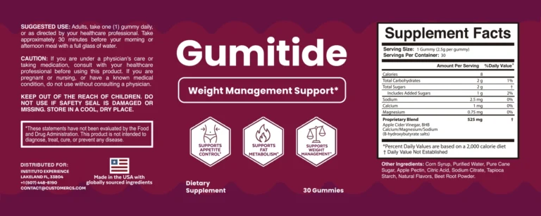 Gumitide product label and supplement facts