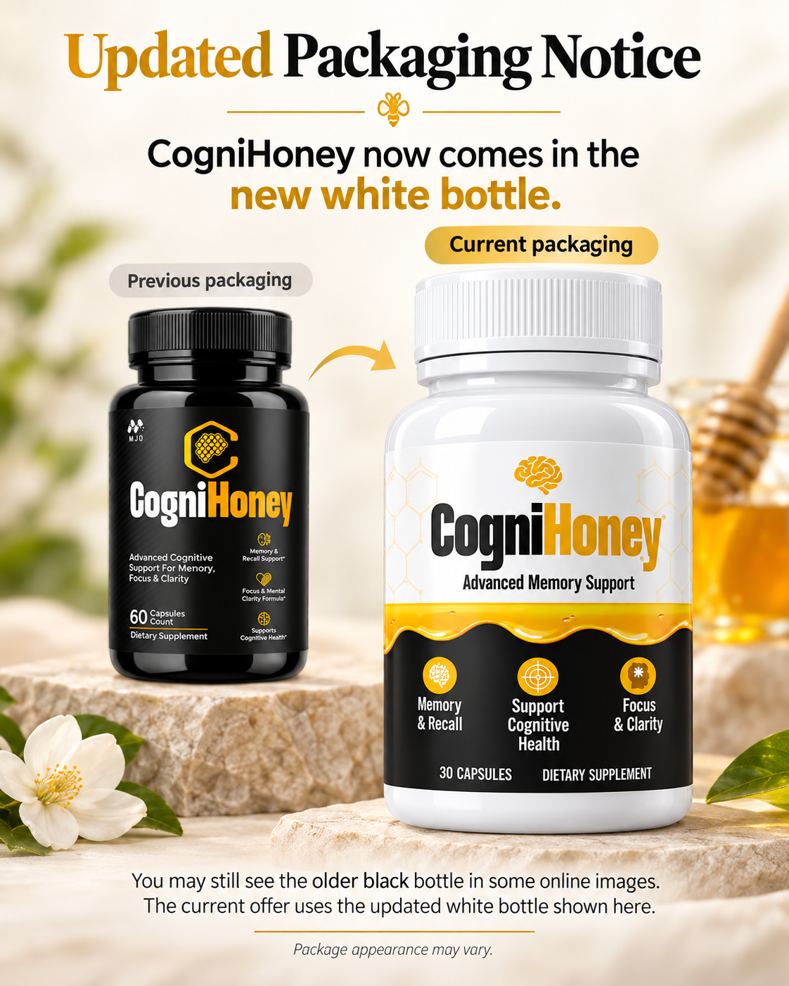 CogniHoney updated packaging notice showing the current white bottle
