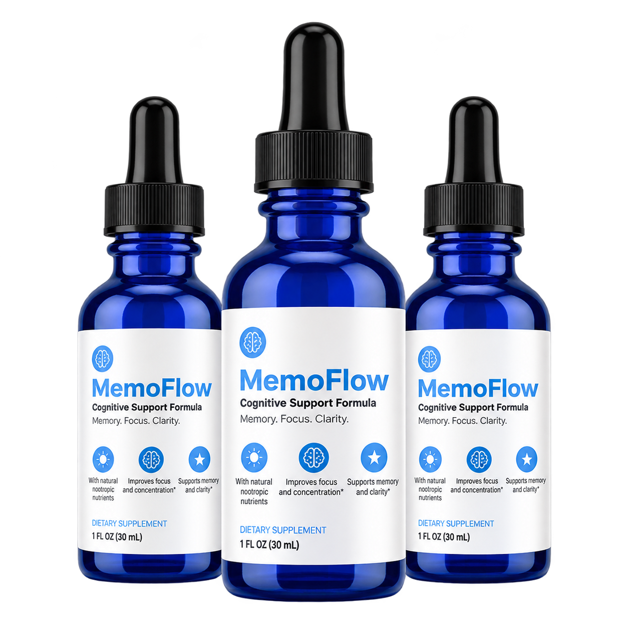 Three MemoFlow dropper bottles