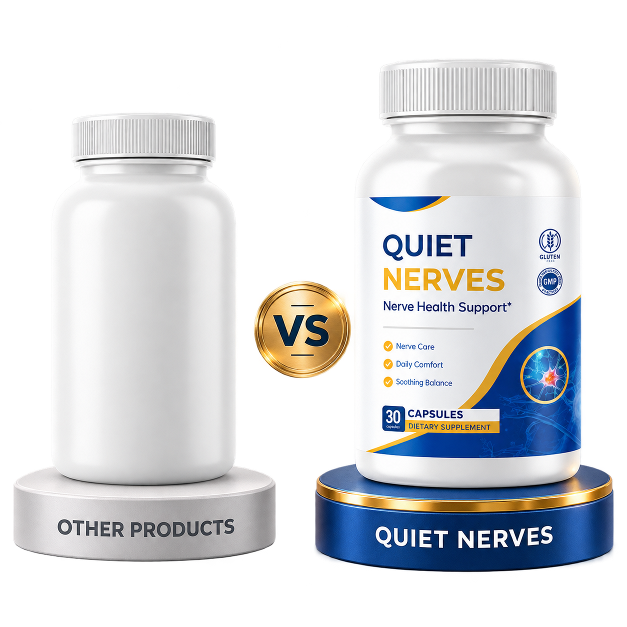 Illustrative comparison showing a generic supplement bottle beside Quiet Nerves