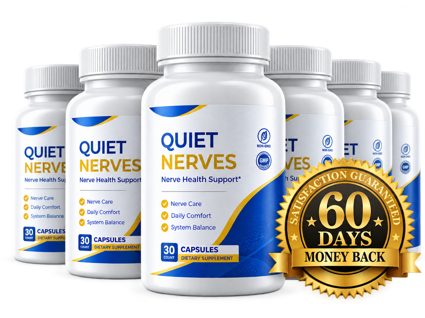 Quiet Nerves bottles with a 60-day money-back guarantee seal
