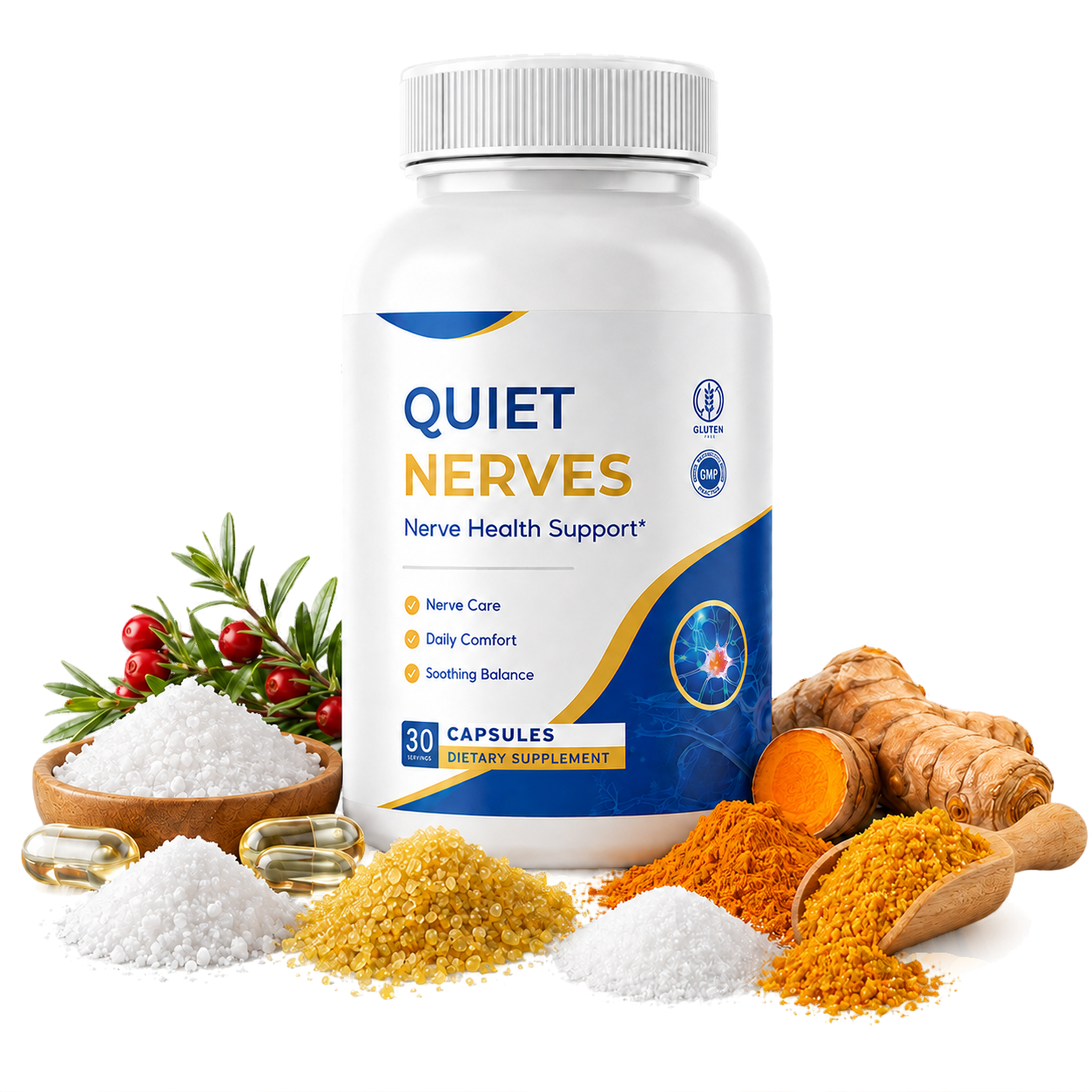 Quiet Nerves bottle surrounded by illustrative ingredient materials