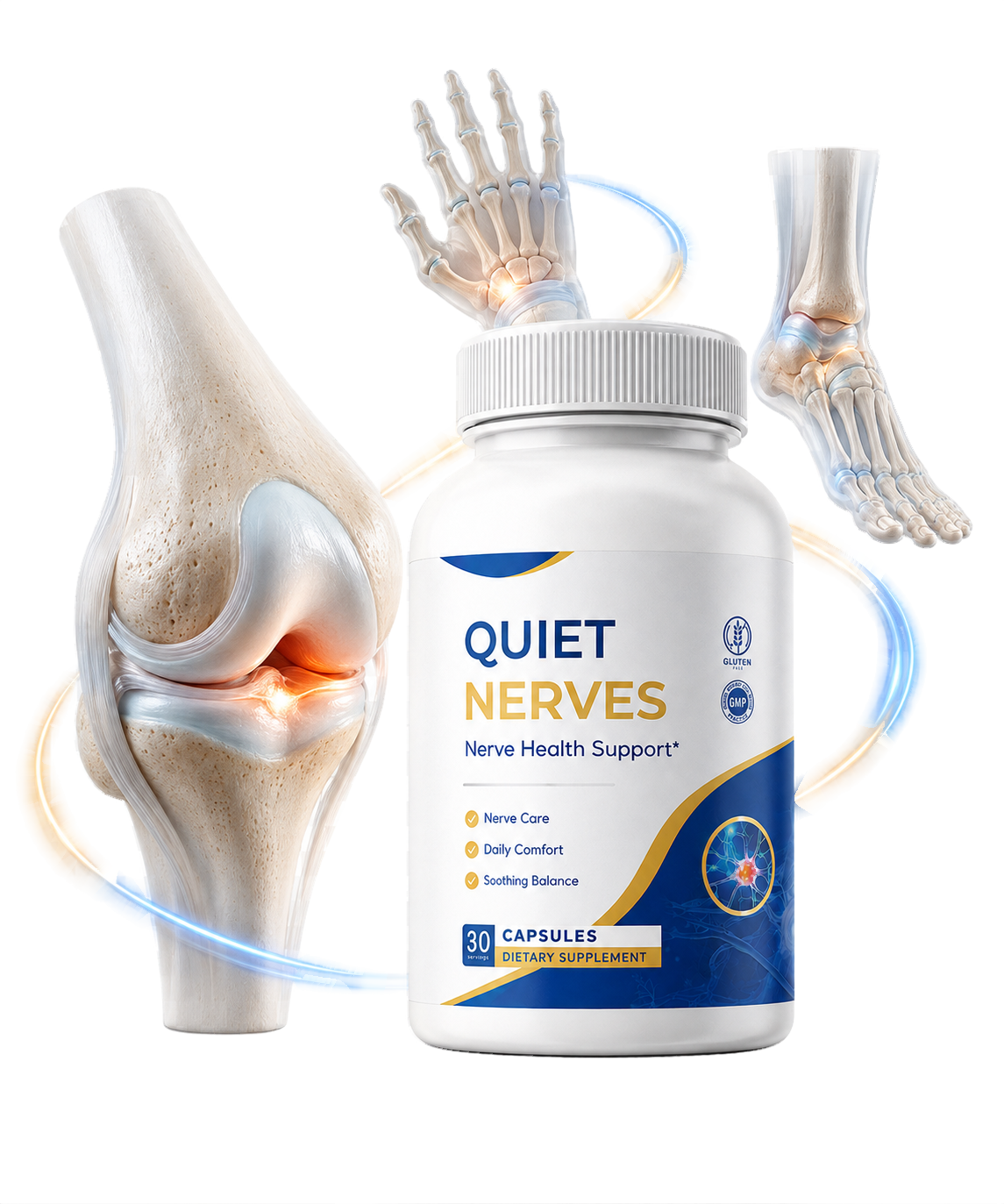 Quiet Nerves bottle with conceptual illustrations of the foot, hand and knee
