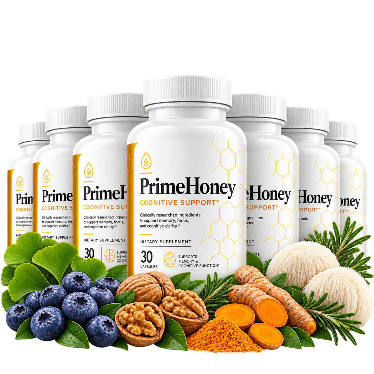 PrimeHoney supplement bottles with botanical imagery